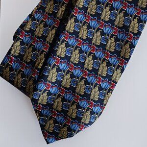 Sazzari Men's Necktie Formal Silk Made in Italy Blue Green leaf red flower 4X57"